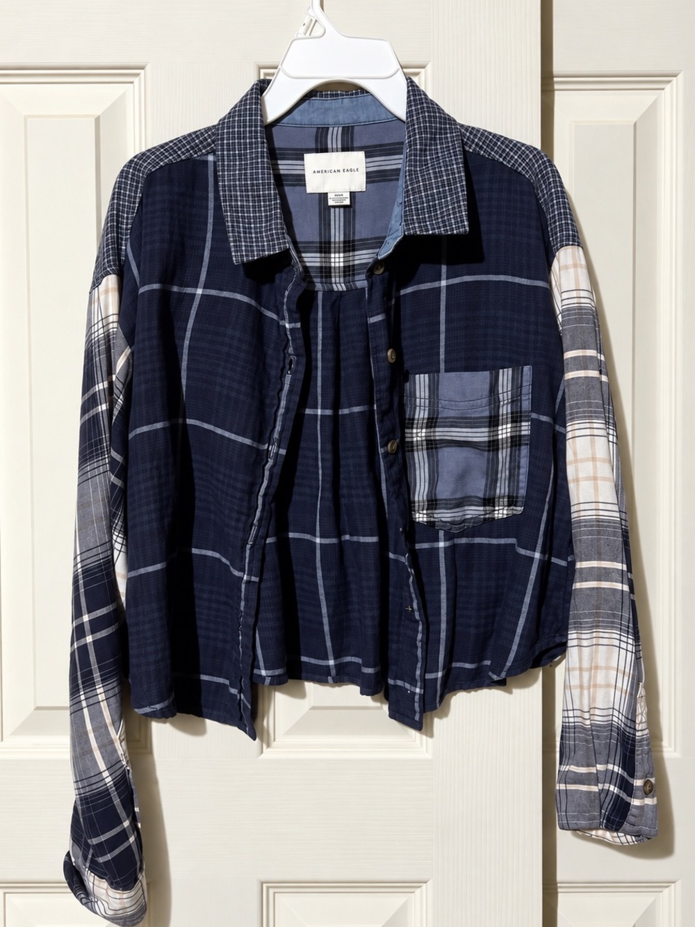 American Eagle Women’s S Blue Patchwork Plaid Cropped Button Up Shirt